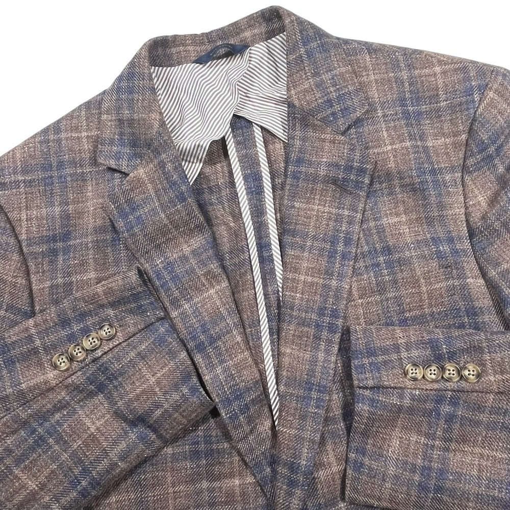Brooks Brothers Classic Linen Wool Blazer Mens 44R Brown Blue Plaid Drago Italy